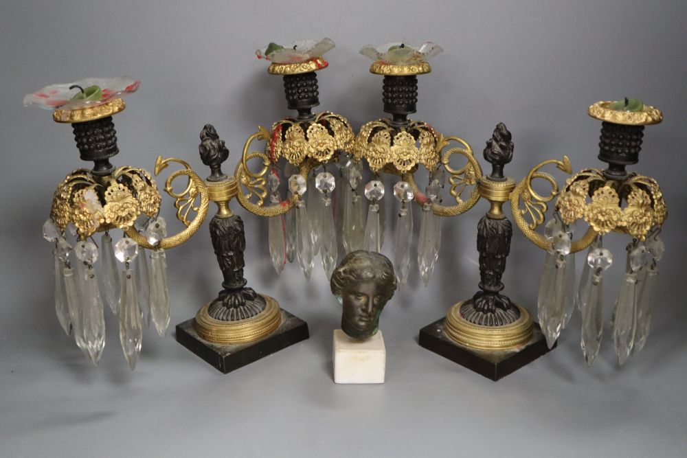 A pair of Regency two branch two light lustres, width 27cm, and a miniature bust